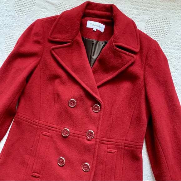 Calvin Klein Berry Red Wool Double Breasted Peacoat size 6 - Picture 5 of 12